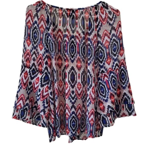 I.N. Studio Petite Aztec 3/4" Flutter Sleeve Lightweight Blouse with Tassels - Picture 2 of 3